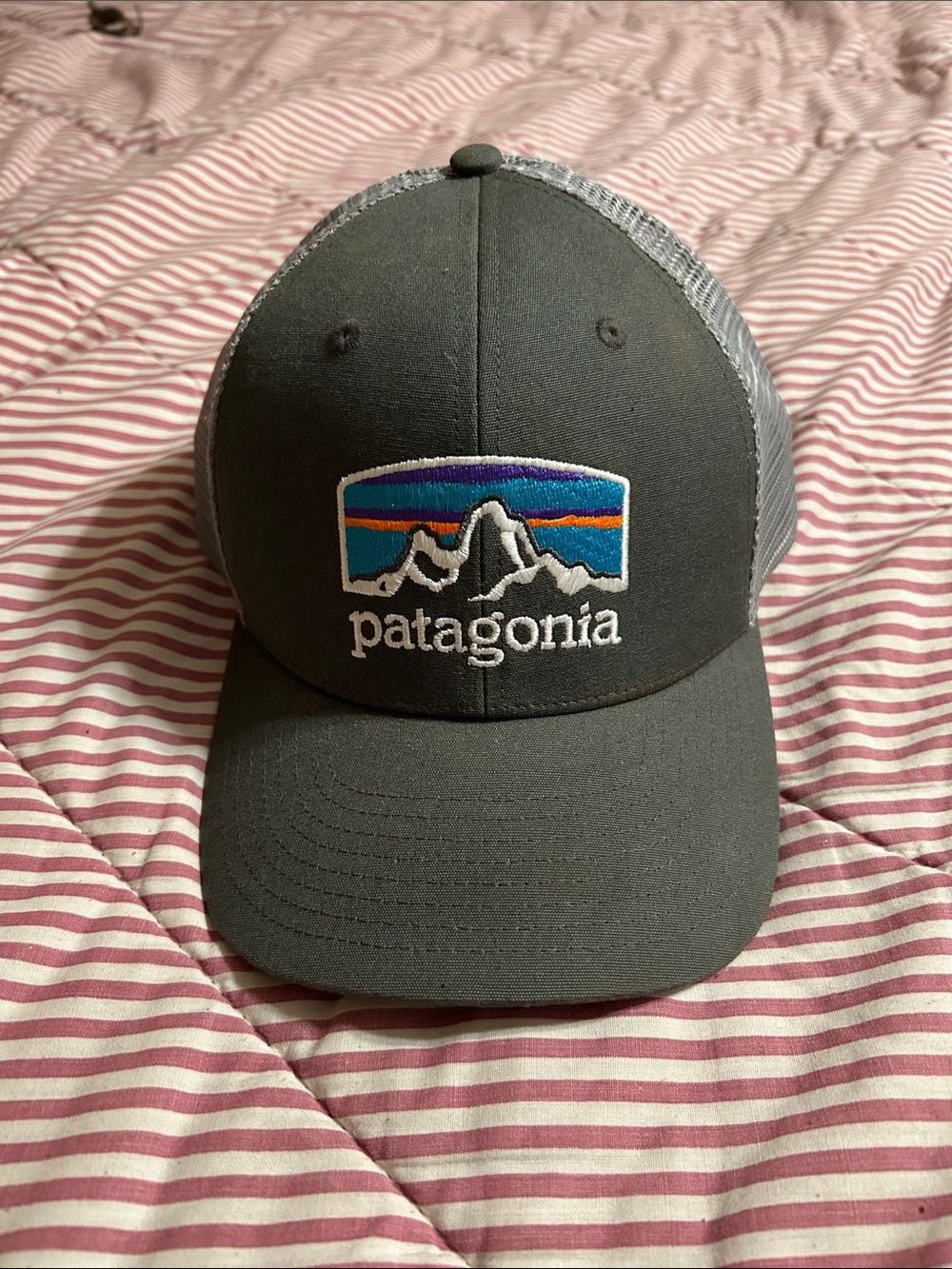 Patagonia Charcoal Gray Mesh-Back Hat with Multicolor Mountain Patch